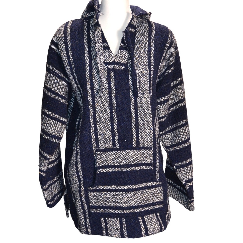 Unbranded‎ Baja Hoodie Mens L Navy Blue Woven Striped Pullover Mexican Poncho